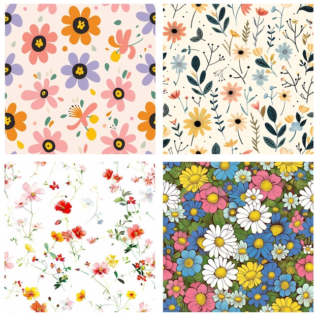Ilustración de un conjunto de patrones florales coloridos