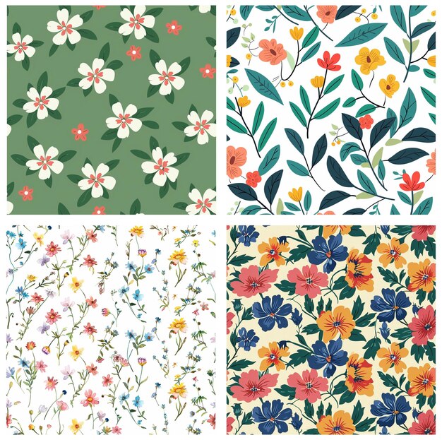 Ilustración de un conjunto de patrones florales coloridos