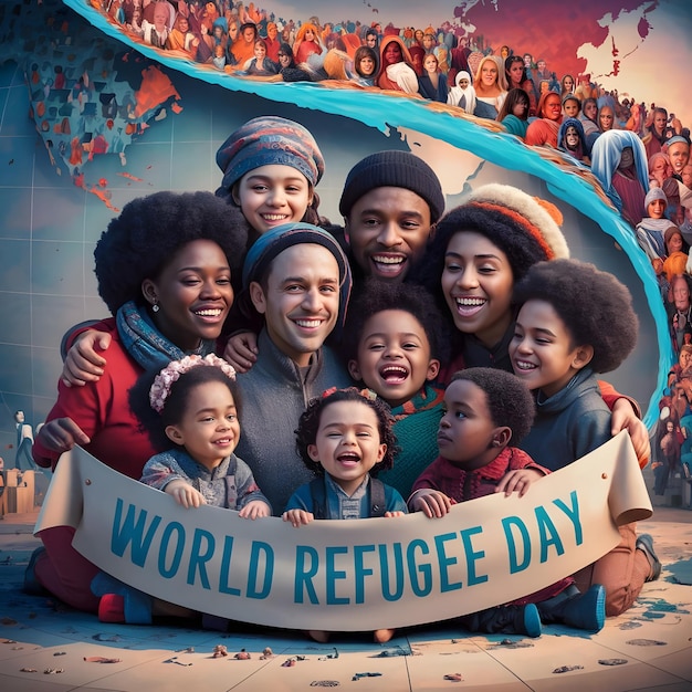 Ilustración conmovedora en 3D de un día mundial de refugiados diverso