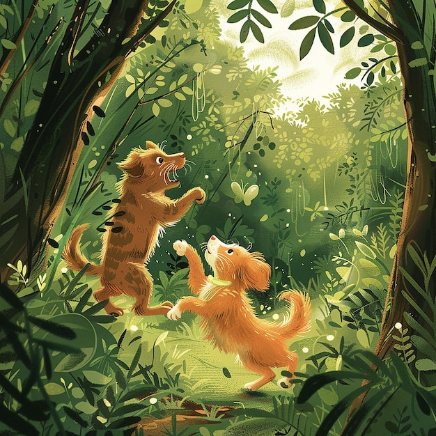 Una ilustración conmovedora y curativa para un libro popular con un gato y un perro jugando chas