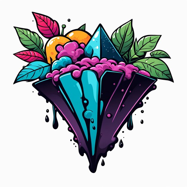 Foto ilustración de un cono de helado colorido con frutas y hojas