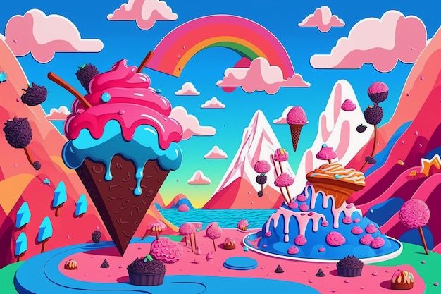 Una ilustración de un cono de helado gigante con un arco iris.