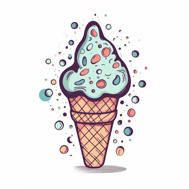 Ilustración de un cono de helado con salpicaduras y burbujas generativas ai