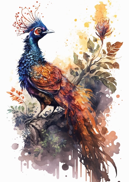 Ilustración contemporánea de acuarela de pavo real