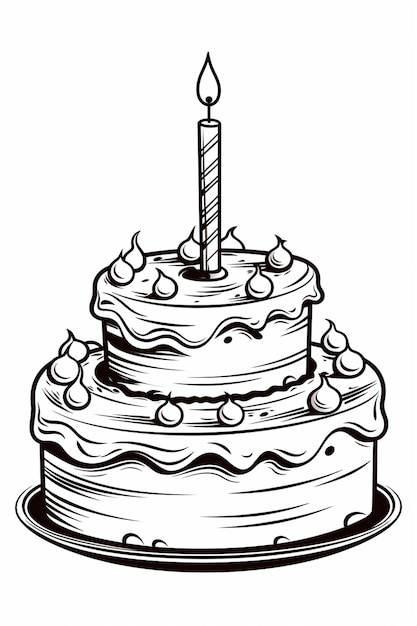 Foto ilustración del contorno de la torta de cumpleaños dibujada a mano página de libro para colorear para niños