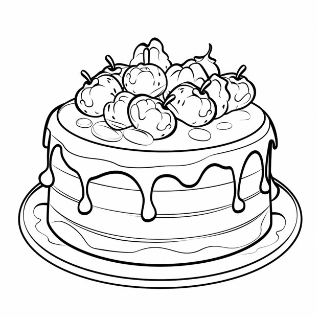 Foto ilustración del contorno de la torta de cumpleaños dibujada a mano página de libro para colorear para niños