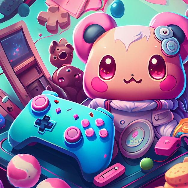 Ilustración de controlador de juego de computadora de pc de juego de videoconsola de jugador kawaii