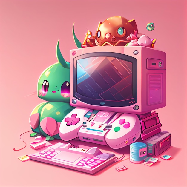 Ilustración de controlador de juego de computadora de pc de juego de videoconsola de jugador kawaii