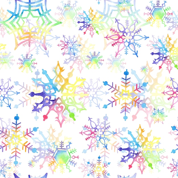 Ilustración de copos de nieve multicolores acuarela de patrones sin fisuras