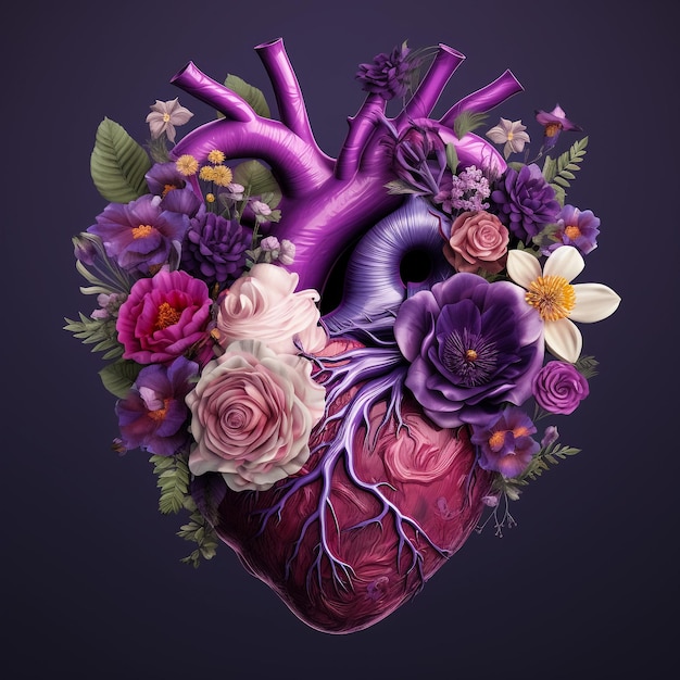 Ilustración de corazón humano con flores en un fondo claro