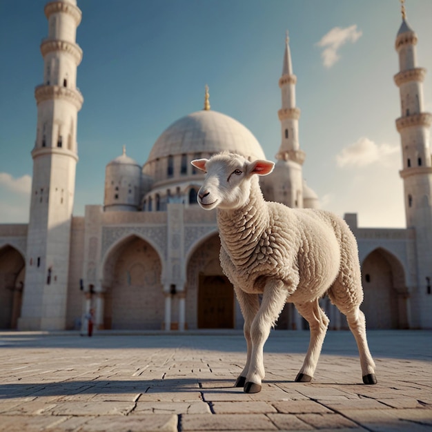 Foto ilustración de un cordero adulto un cordero adulta con el fondo de un concepto islámico de una mezquita