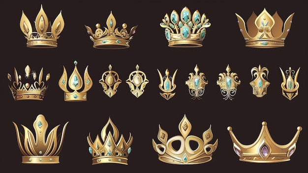 Ilustración de coronas doradas aisladas sobre un fondo negro Ilustración moderna de joyas de metal dorado con decoración de piedras preciosas diseño de tesoro medieval accesorio de rey o reina