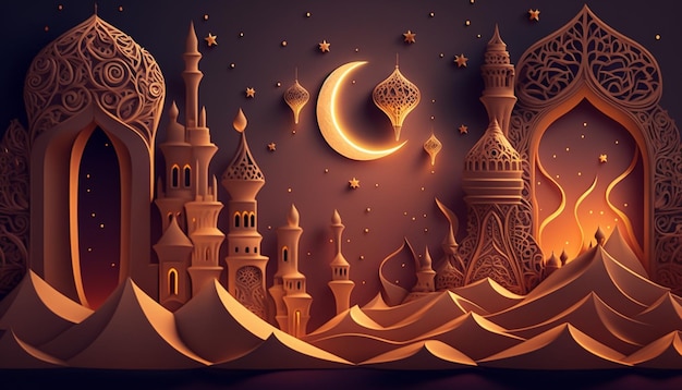 Una ilustración cortada en papel de un castillo y una luna.