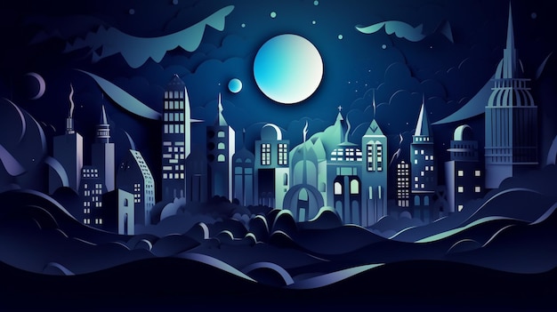 Una ilustración cortada en papel de una ciudad con luna y estrellas.