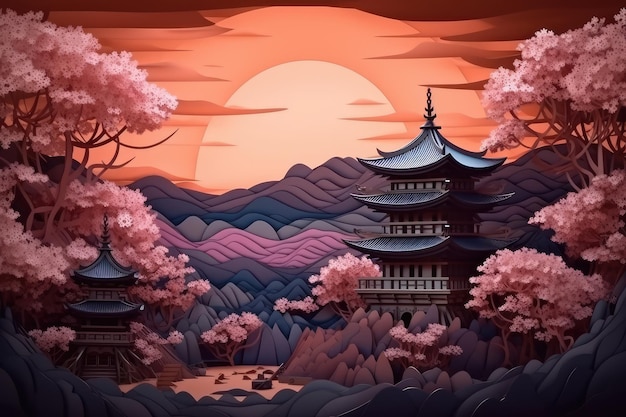 Una ilustración cortada en papel de Japón y una oscura puesta de sol con una montaña