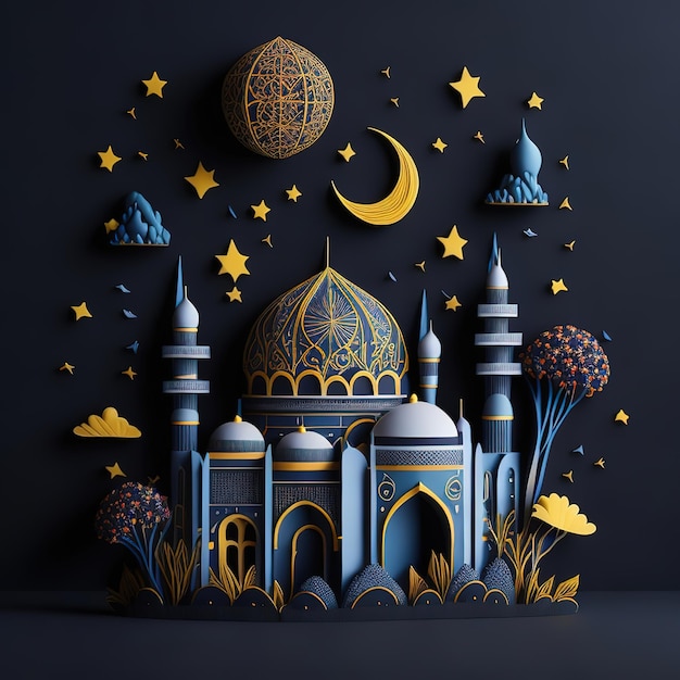 Una ilustración cortada en papel de una mezquita con luna y estrellas.