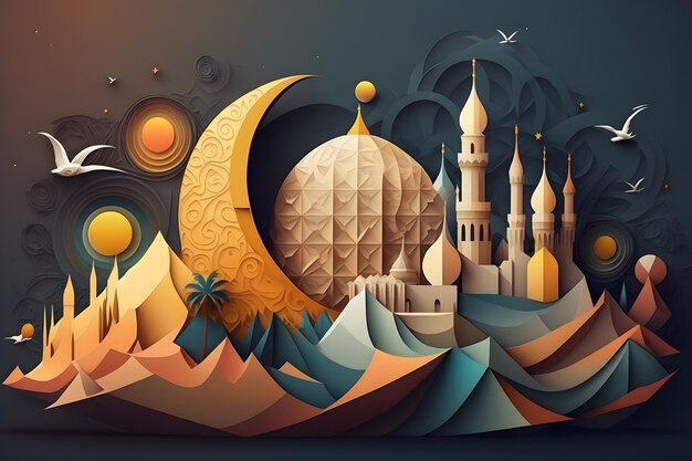 Una ilustración cortada en papel de una mezquita y una luna.