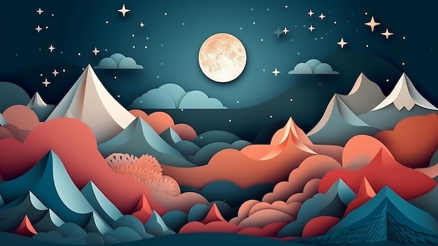 Una ilustración cortada en papel de las montañas y la luna.