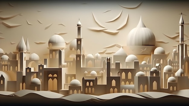 Una ilustración de corte de papel de una ciudad con una mezquita en el fondo.