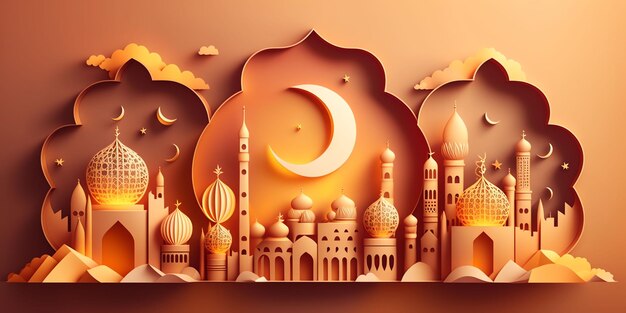 Una ilustración de corte de papel de una mezquita y una luna eid mubarak ramadhan fondo de pantalla temático