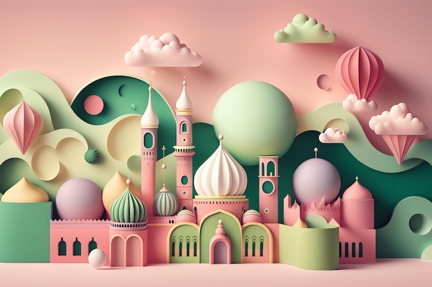 Una ilustración de corte de papel de una mezquita y una luna eid mubarak ramadhan fondo de pantalla temático