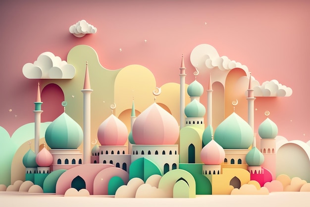 Una ilustración de corte de papel de una mezquita y una luna eid mubarak ramadhan fondo de pantalla temático