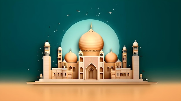 Una ilustración de corte de papel de una mezquita con una luna en el fondo.