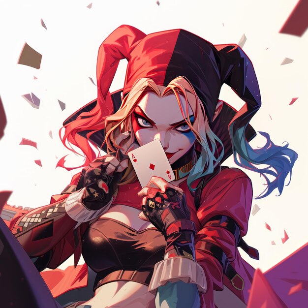 Foto ilustración de cosplay de fantasía de una chica con un traje rojo sosteniendo una carta de juego