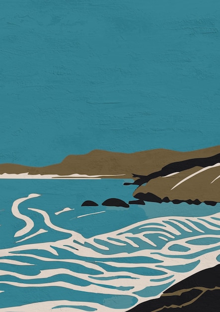 Ilustración de la costa retro Playa pintada Paisaje del océano