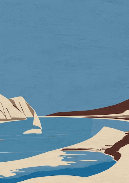Ilustración de la costa retro Playa pintada Paisaje del océano