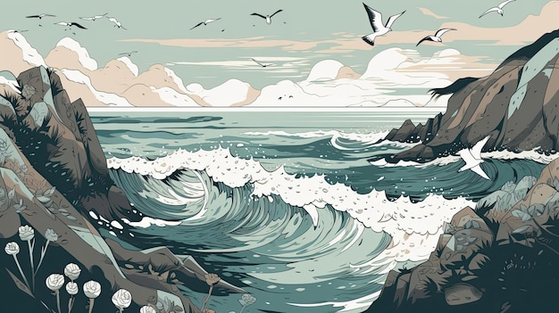 Ilustración de la costa con rompeolas que conduce a la orilla y aves