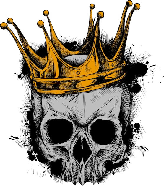 Ilustración de cráneo en corona con barba aislada en fondo blanco