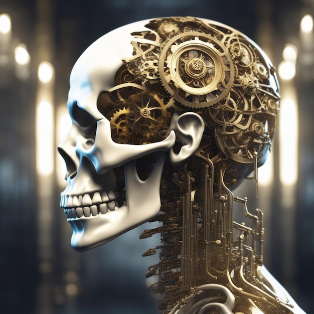 Foto una ilustración de un cráneo metálico dorado hecho de ruedas dentadas en un estilo robótico