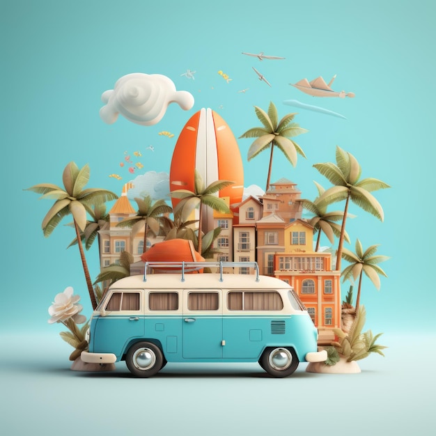Ilustración creativa en 3D del concepto de viaje Caravan con equipaje e isla tropical en el interior