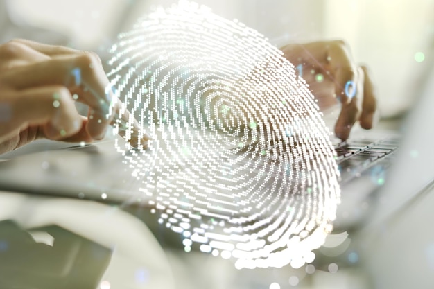 Foto ilustración creativa abstracta de huellas dactilares con las manos escribiendo en la computadora portátil en el concepto de datos biométricos personales de fondo exposición múltiple