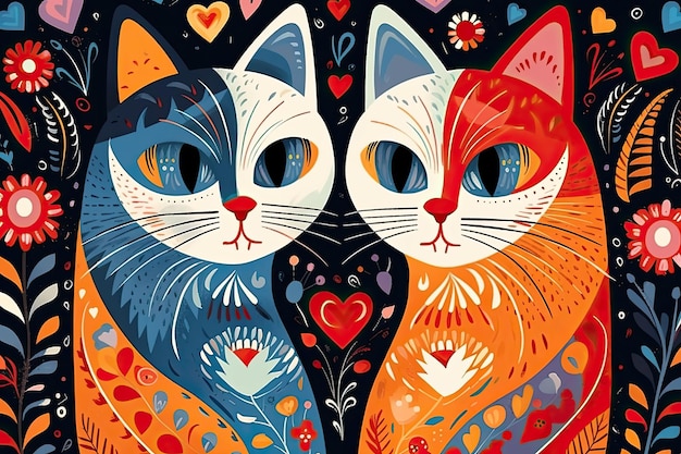 Ilustración creativa de dos gatos sentados uno frente al otro en un fondo oscuro con corazones rojos