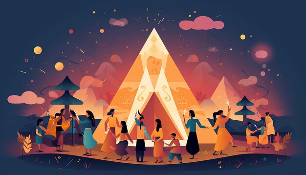 una ilustración creativa del festival de Lohri que muestra una fusión de elementos modernos y tradicionales