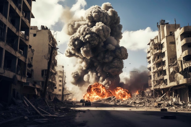 Ilustración creativa de IA de edificios bombardeados en Israel Palestina Conflicto de Israel Guerra fuego y destrucción