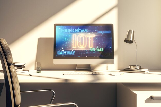 Ilustración creativa de IOT en el concepto de tecnología futura del monitor de computadora moderna Representación 3D