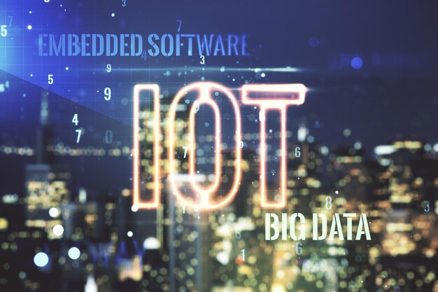 Ilustración creativa de IOT sobre el concepto de tecnología futura de fondo de rascacielos borrosos Multiexposición