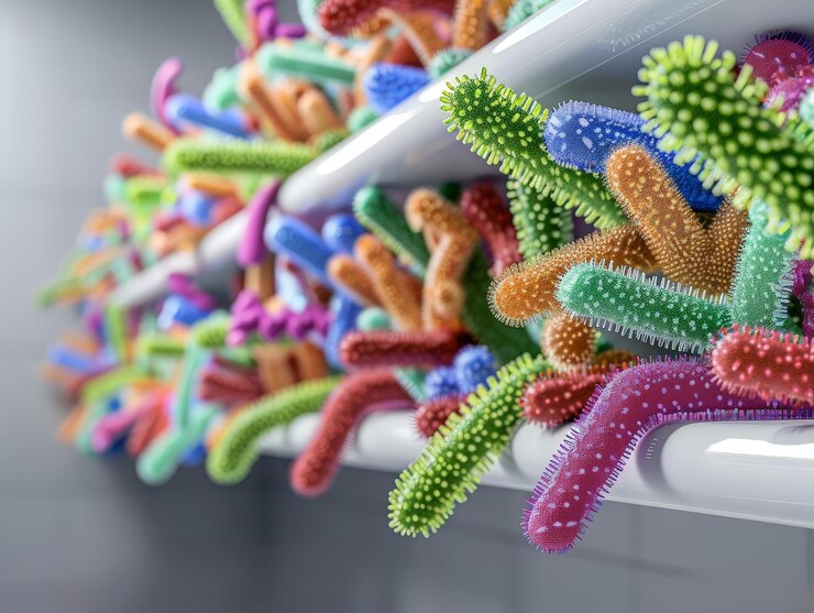 Ilustración de crecimiento microbiano en el borde del estante del baño con énfasis en el saneamiento y el espacio de copia para el texto profundidad de campo