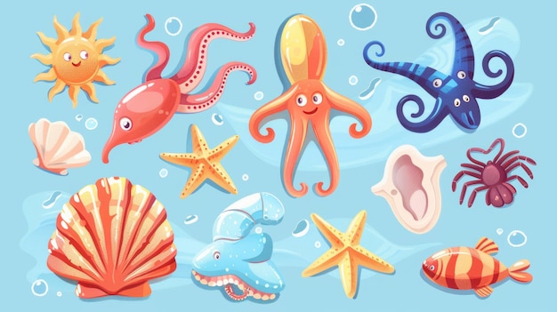 Ilustración de criaturas marinas, incluidas las calamares, los camarones, las estrellas de mar con componentes de playa de conchas, el sol y las nubes aisladas sobre un fondo azul