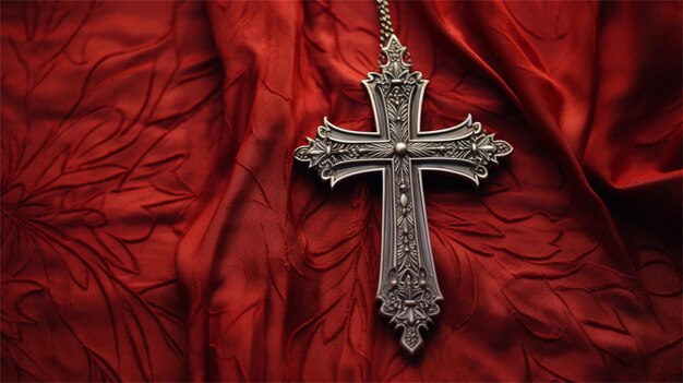 Foto ilustración de una cruz cristiana con una cadena sobre un fondo rojo