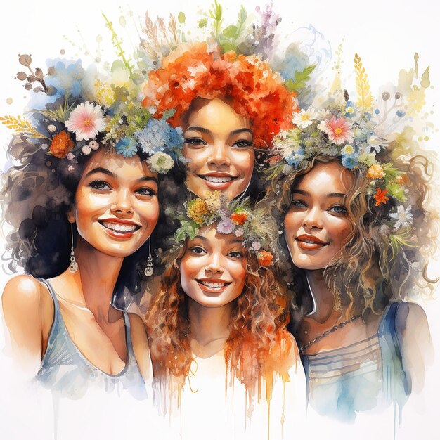 Ilustración de cuatro chicas acuarelas de dibujos animados con hermosas flores