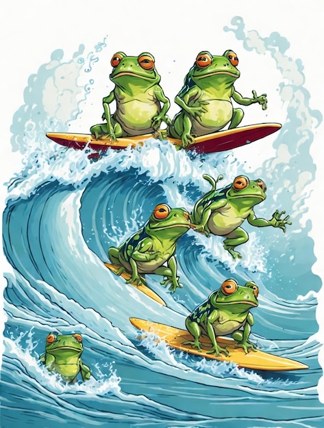 Ilustración de cuatro ranas surfeando sobre una ola.