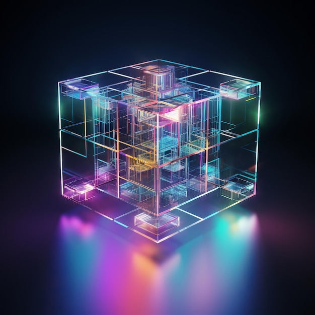 Foto ilustración del cubo de color holográfico geométrico vectorial 3d