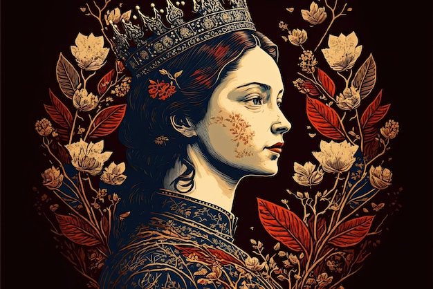 Una ilustración de cuento de hadas de una hermosa reina, cuento épico de fantasía, IA generativa vintage