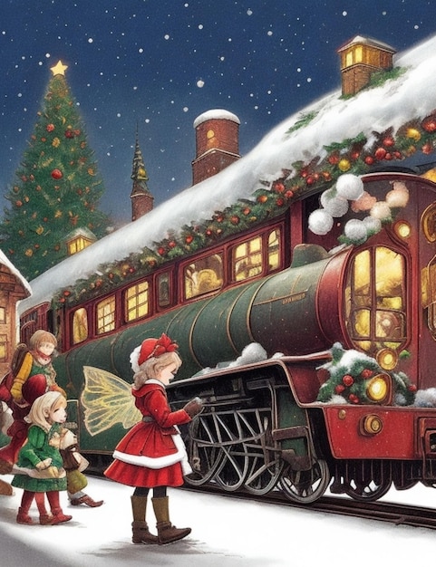una ilustración un cuento de hadas de un tren que lleva a los niños a una Navidad más emocionante