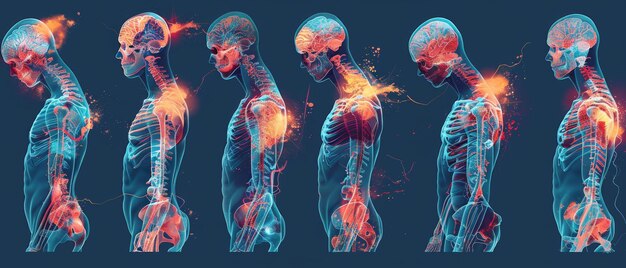 Ilustración del cuerpo dolor lesión icono conjunto anatomía silueta diseño de la plantilla de dolor punto del cuerpo dolor de cabeza del cuello débil ardor de estómago y tos tratamiento médico concepto infográfico