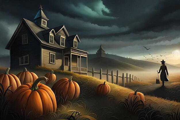 Ilustración con cuervo y calabazas en un tema de Halloween